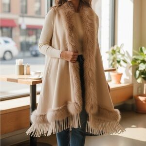 Chic Beige Fur-Trimmed Women's Poncho